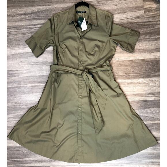 NWT Lauren Ralph Lauren Womens Fern Green Cotton Belted Shirtdress Size 14 - Picture 2 of 7